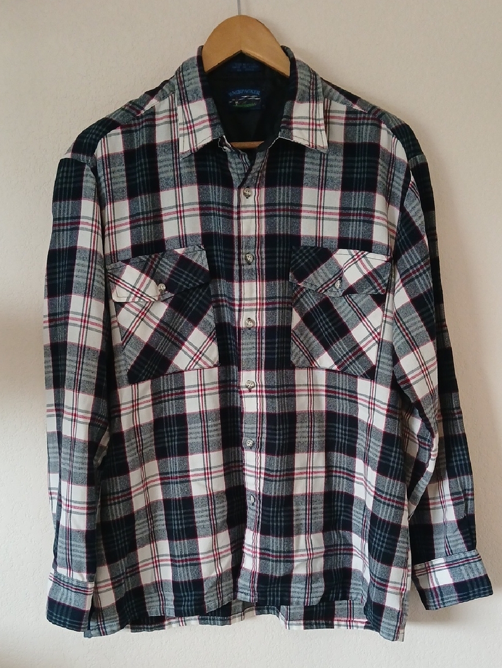 Vintage Backpacker White And Black Plaid Button Up Flannel